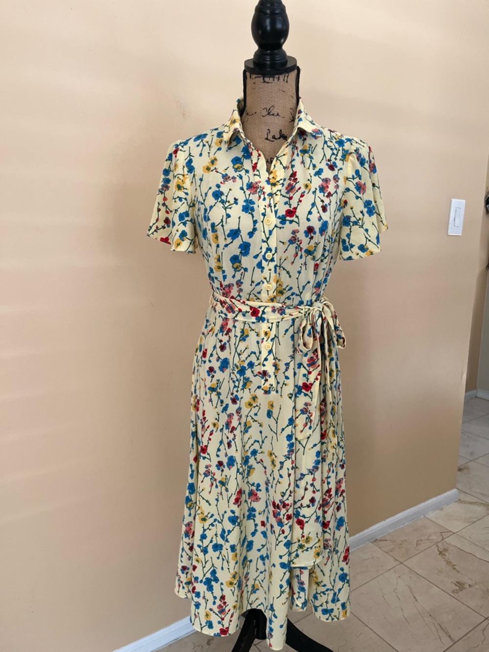 London Times Yellow Floral Tie-Waist Short Sleeve Midi Shirt Dress